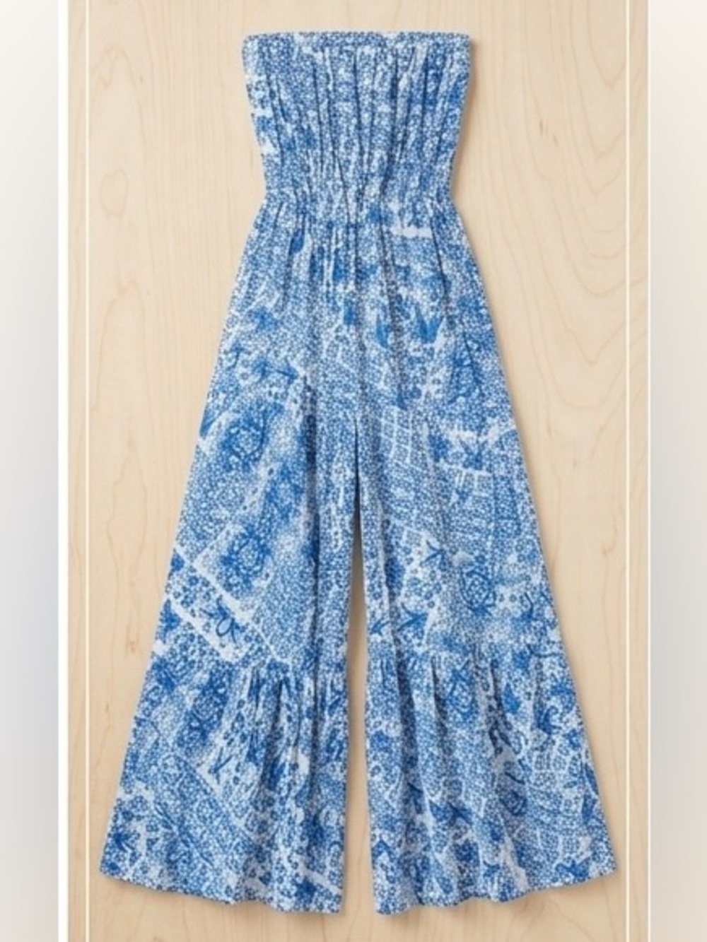Vintage America Blue Floral Strapless Wide-Leg Jumpsuit